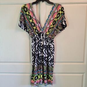 Y2K Funky People Pink Green Black White Bold Print Deep V-neck Mini Dress